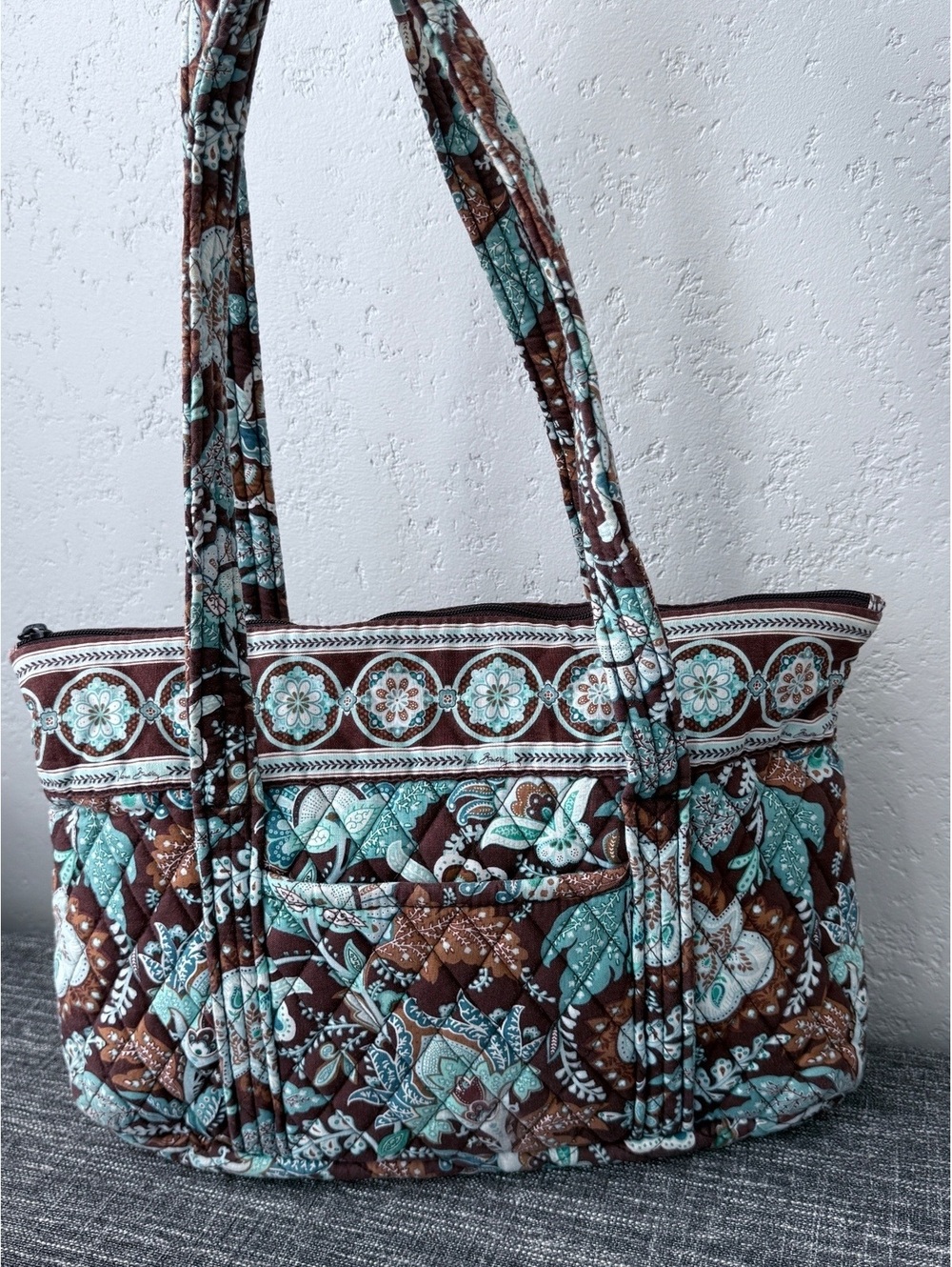 Vera Bradley Quilted Tote Bag in Brown and Aqua Floral Print